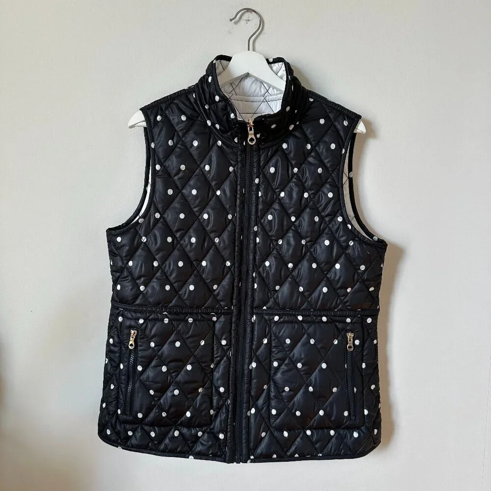 Kate Spade Black & White Quilted Polka Dot Reversible Vest Zip Front | Women’s L